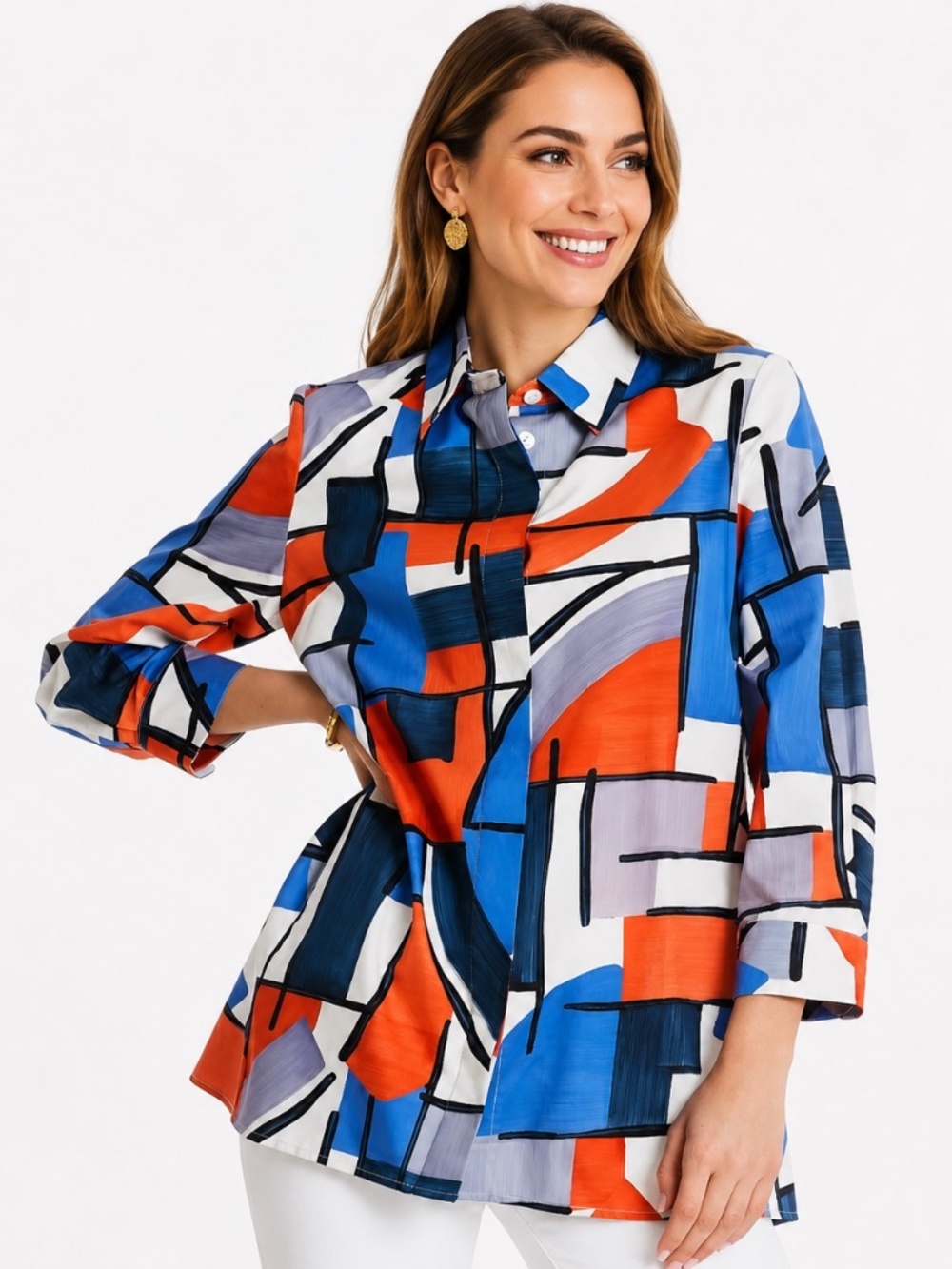 Tyler Boe Dina Mirror Abstract Print Top Orange Blue 3/4 Sleeve Women Size M